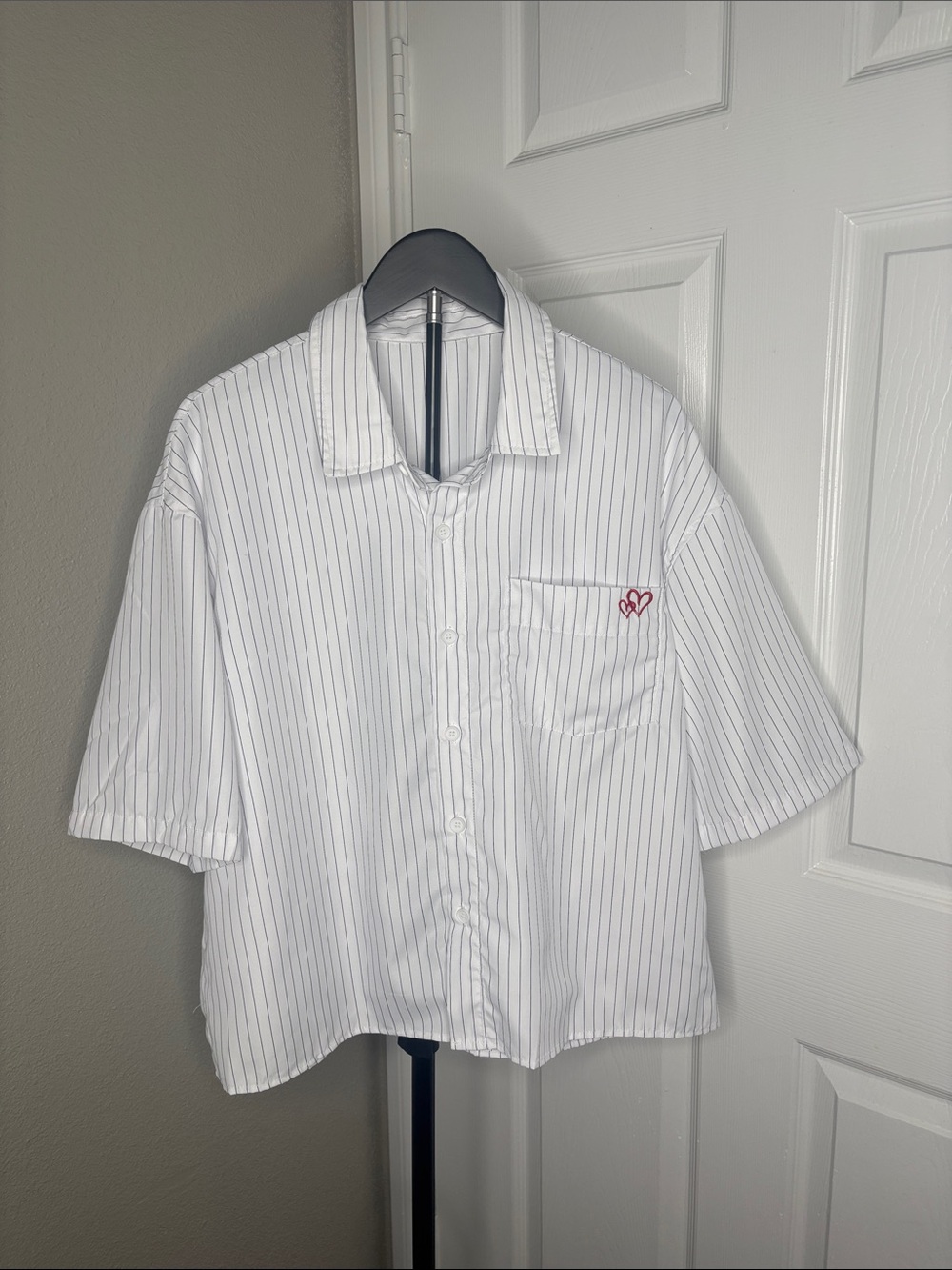 Men's White Short-Sleeve Striped Button-Down Shirt with Red Heart Accent